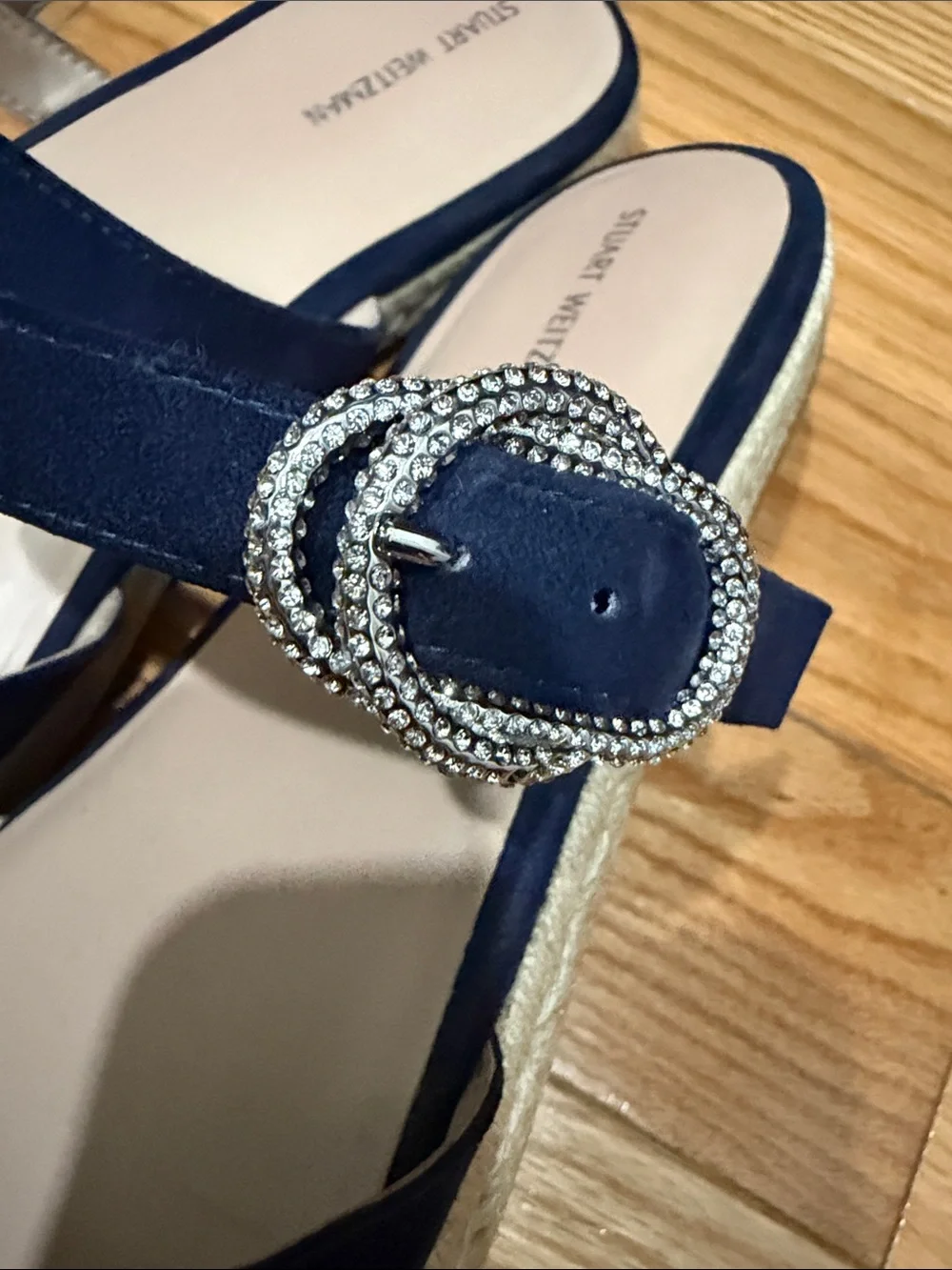 Stuart Weitzman Navy Suede Espadrille Slide with Crystal Buckle